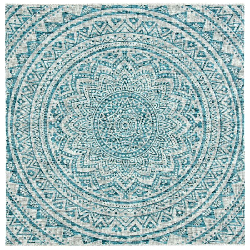SAFAVIEH Courtyard Fran Mandala Indoor/ Outdoor Waterproof Patio Backyard Rug - 6'7" Square - Light Grey/Teal