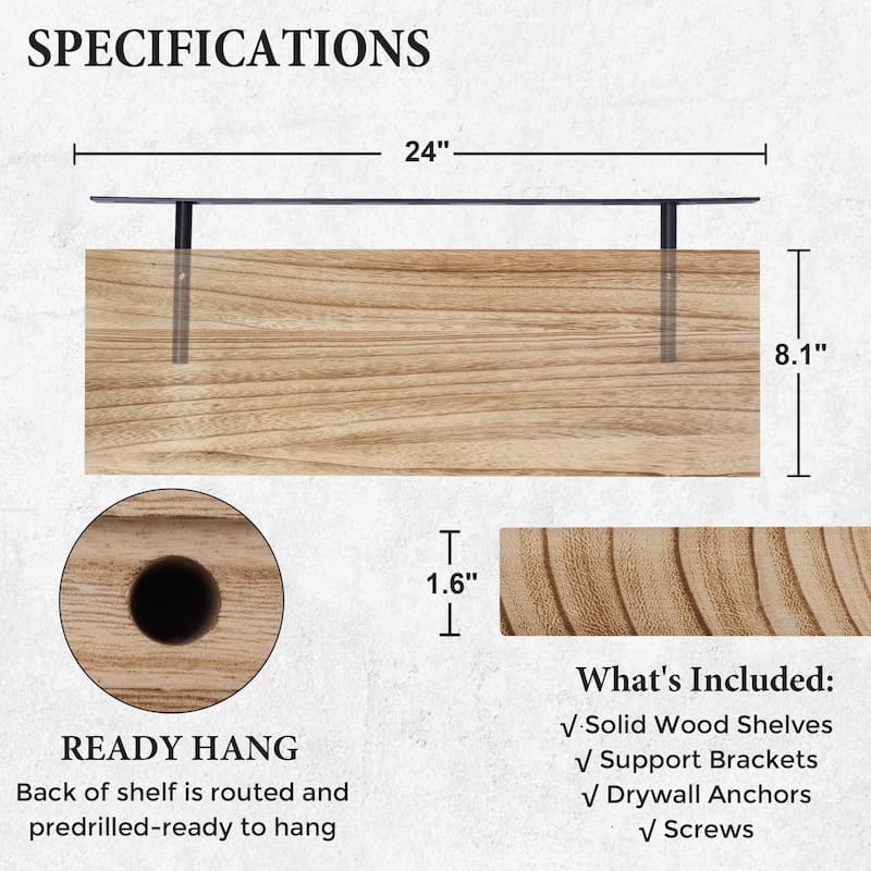 Floating Shelves, 8 Inch Deep Modern Solid Wood Wall Shelves