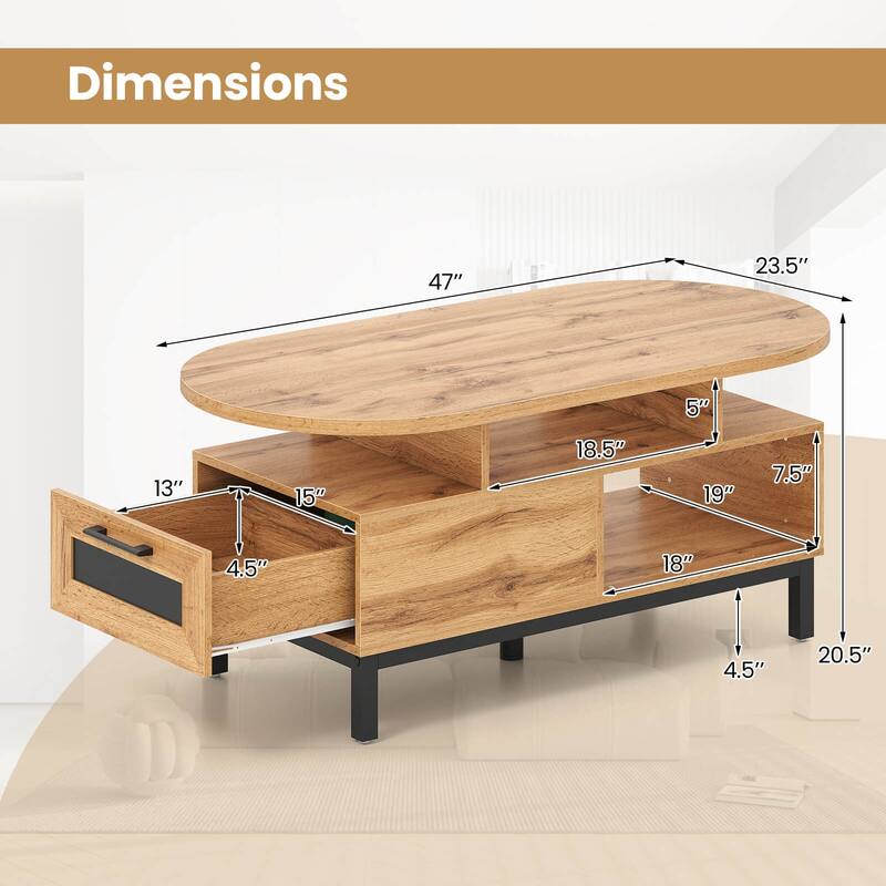 Costway 47” Oval Top Coffee Table with 4 Open Compartments & Drawer, 5 - See Details