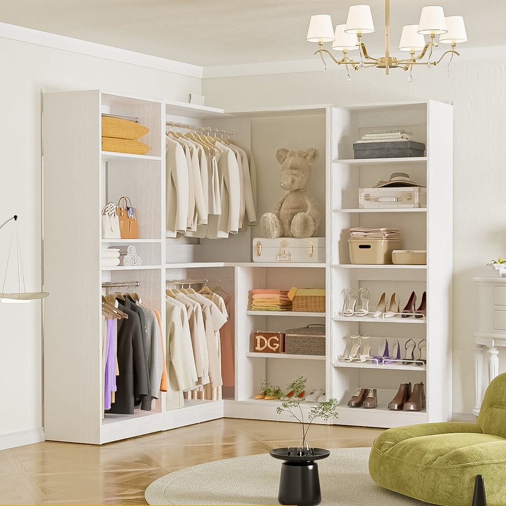 Cimly Set of 3 Large Corner Closet System, Space-saving Closet Organizer with Hanging Rods, Adjustable Shoe Rack and Shelves