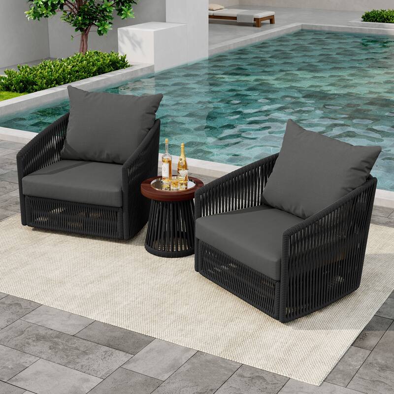3-Piece Outdoor Rattan Swivel Lounge Chair Set Barrel Chairs for Backyard