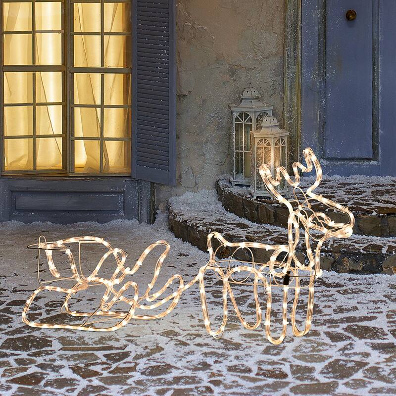 Outsunny 35" Christmas Reindeer and Sleigh with LED Motif Warm White Lighting, Indoor Outdoor Steel Frame Yard Decoration