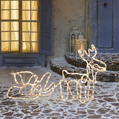 Outsunny 35" Christmas Reindeer and Sleigh with LED Motif Warm White Lighting, Indoor Outdoor Steel Frame Yard Decoration