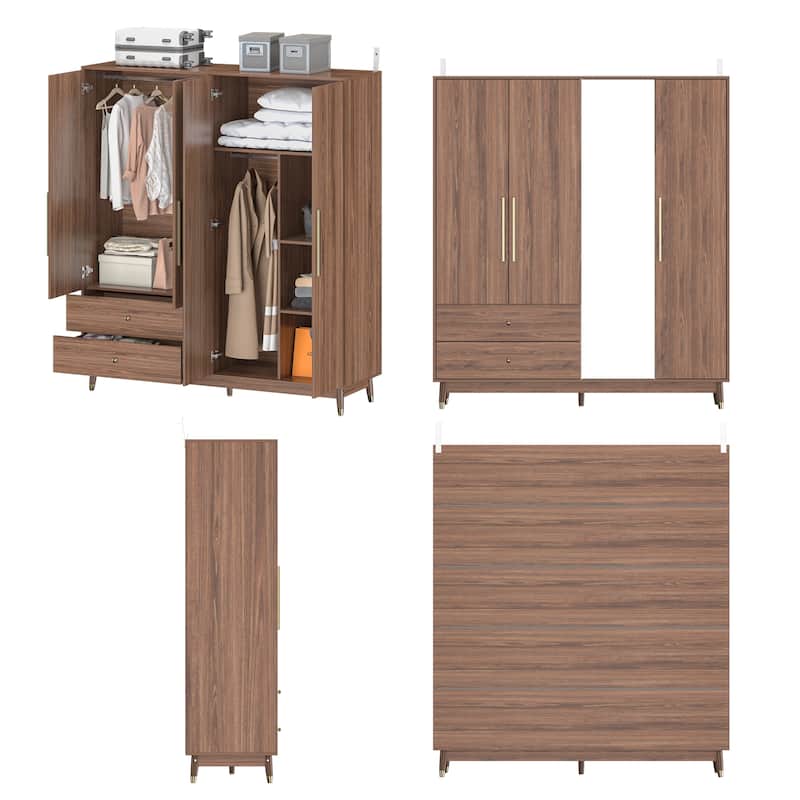Wooden 2 Drawers 4 Doors Wardrobe Armoire With Mirror (Gray/Black)