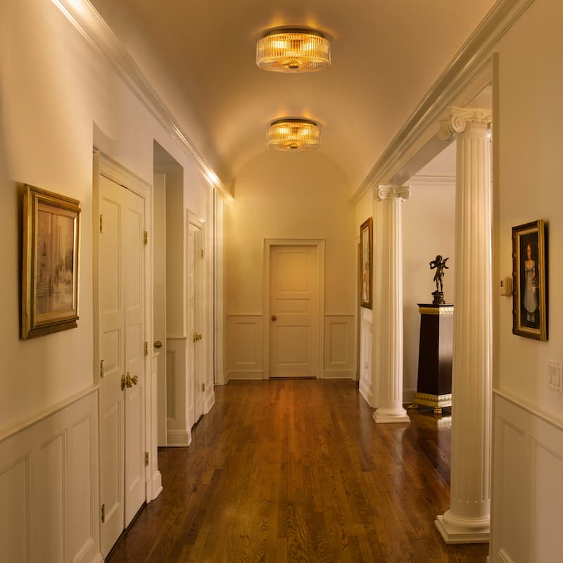 Mid-Century Modern Gold 3-Light Ribbed Glass Drum Flush Mount Ceiling Light