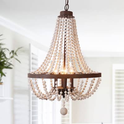 Cusp Barn Farmhouse Rustic 4-Light Wood Beaded Chandelier