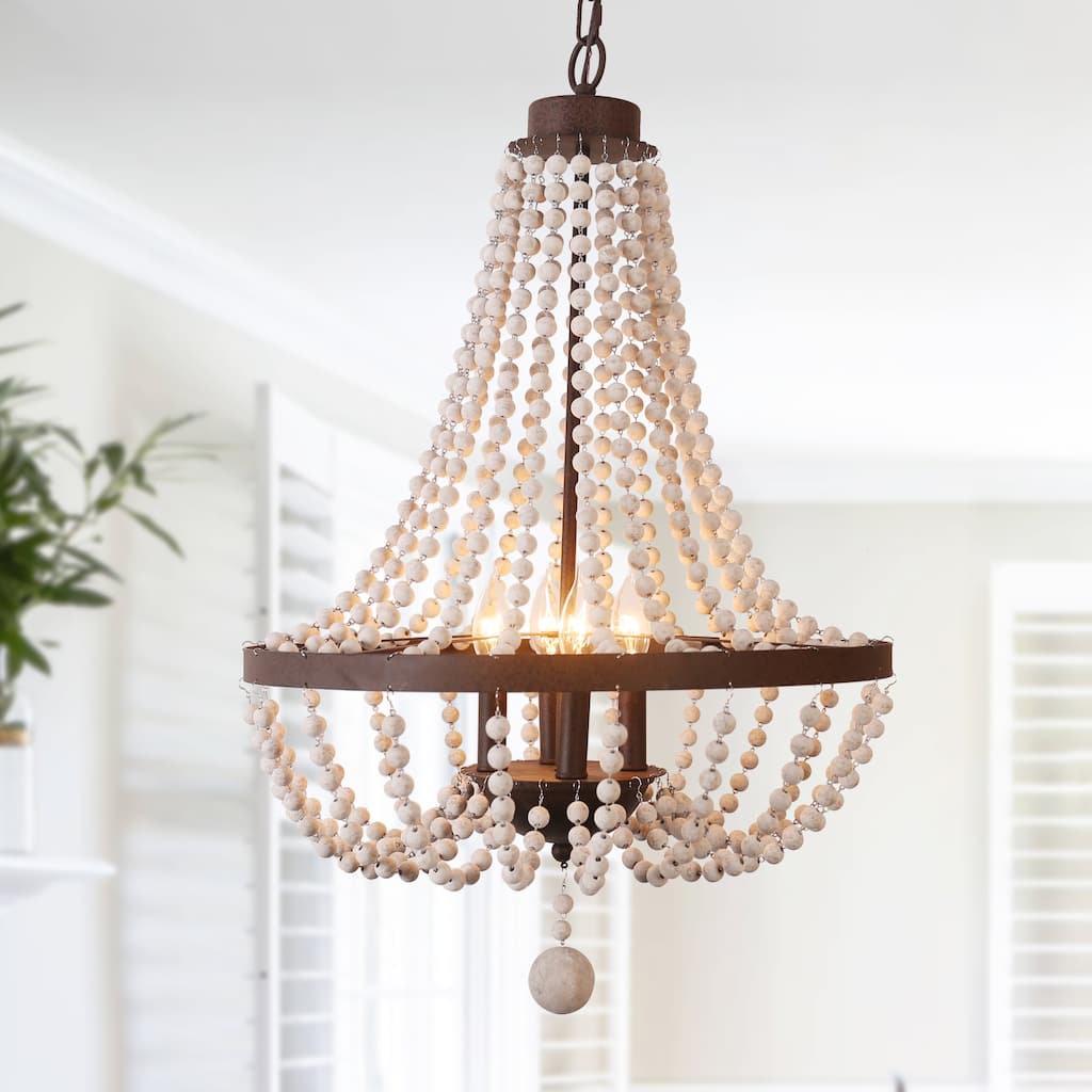 Cusp Barn Farmhouse Rustic 4-Light Wood Beaded Chandelier