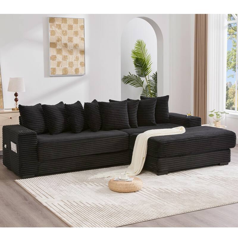 110.75" Corduroy Sectional Sofa, Convertible Sleeper Sofa Bed L-Shaped Upholstered Couch with Removable Footstool, Cup Holder