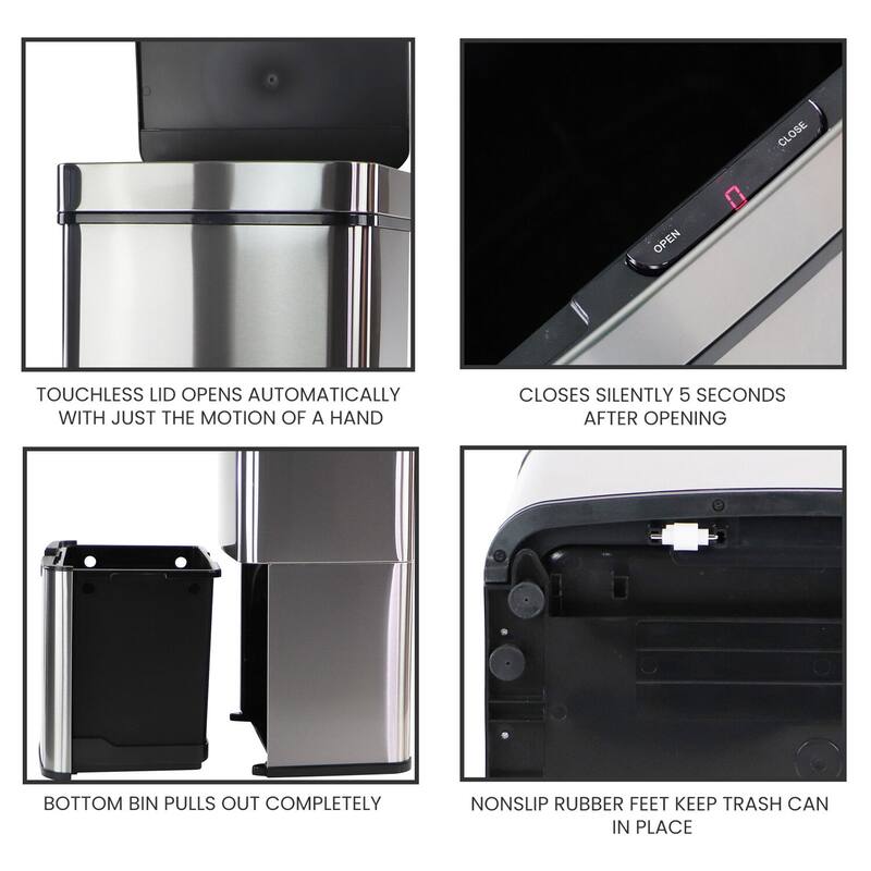 Hanover 62-Liter / 16.4-Gallon Trash Can with Dual Bins and Sensor Lid in Stainless Steel