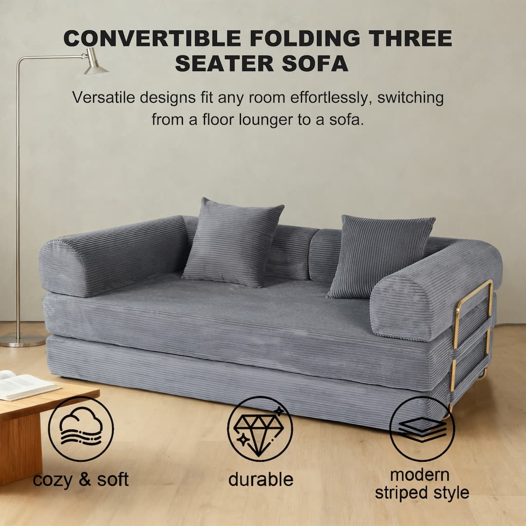 2-in-1 Convertible Floor Sofa Bed, Foldable Compressed Loveseat Lounge, Faux Fur Upholstered Cloud Boneless Couch with 2 Pillows