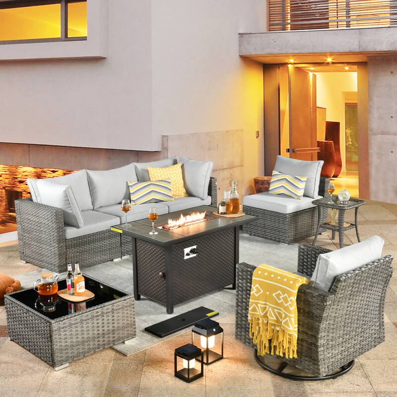 XIZZI 8-piece Patio Outdoor Wicker Furniture Swivel Chair Set with Firepit Table - Grey