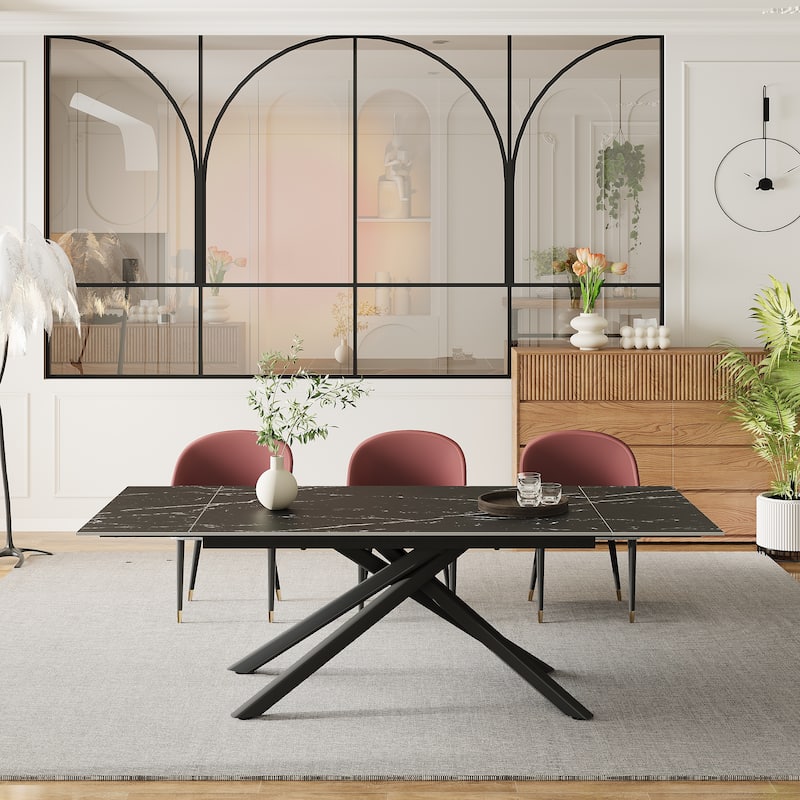 9 - Piece Extendable Rectangular Sintered Stone Cross Legs Dining Set With 8 Chairs For Home or Villa