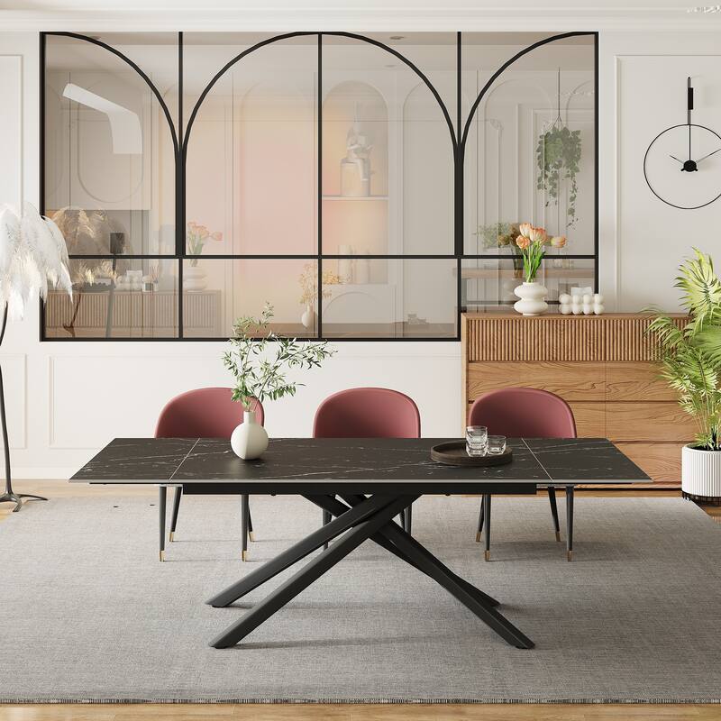 9 - Piece Extendable Rectangular Sintered Stone Cross Legs Dining Set With 8 Chairs For Home or Villa - Red&Grey Chair