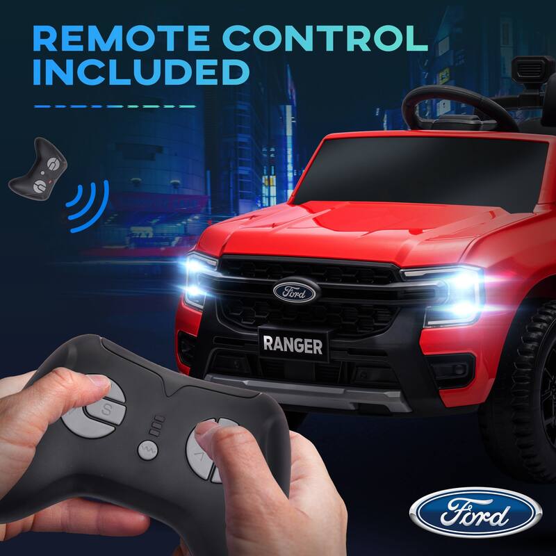 Qaba 12V Ford Ranger Licensed Kids Ride On Truck, Parental Remote Control, Toy Storage, Suspension, LED Lights, Music, Black