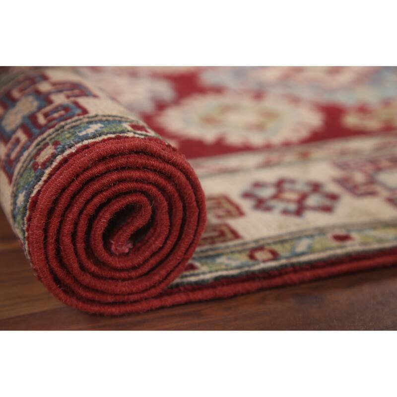 Hand Knotted Oriental 100% Wool Carpet Traditional Geometric Red Kazak Runner Rug - 6' 8'' X 2' 10''