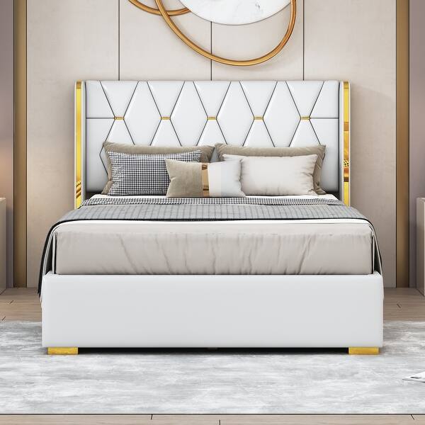 slide 2 of 28, Full Size Upholstered Platform Bed with PU Leather Headboard and Sturdy Frame Off White - Full