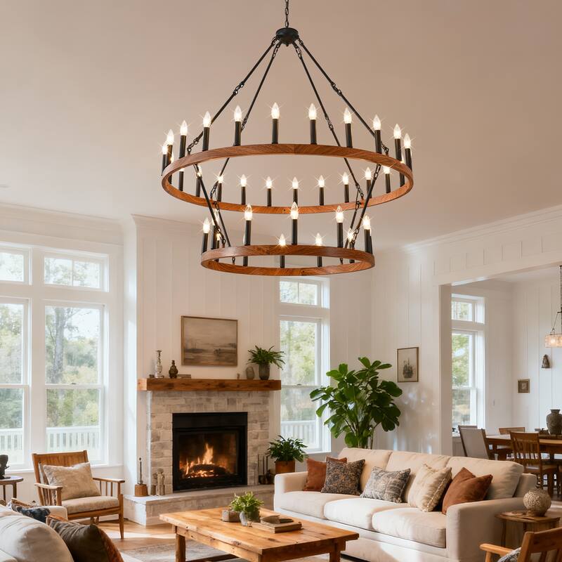 47.24 Inch Large Wagon Wheel Chandelier,2Tier 36-Lights Farmhouse Industrial Country Style Fixture E12