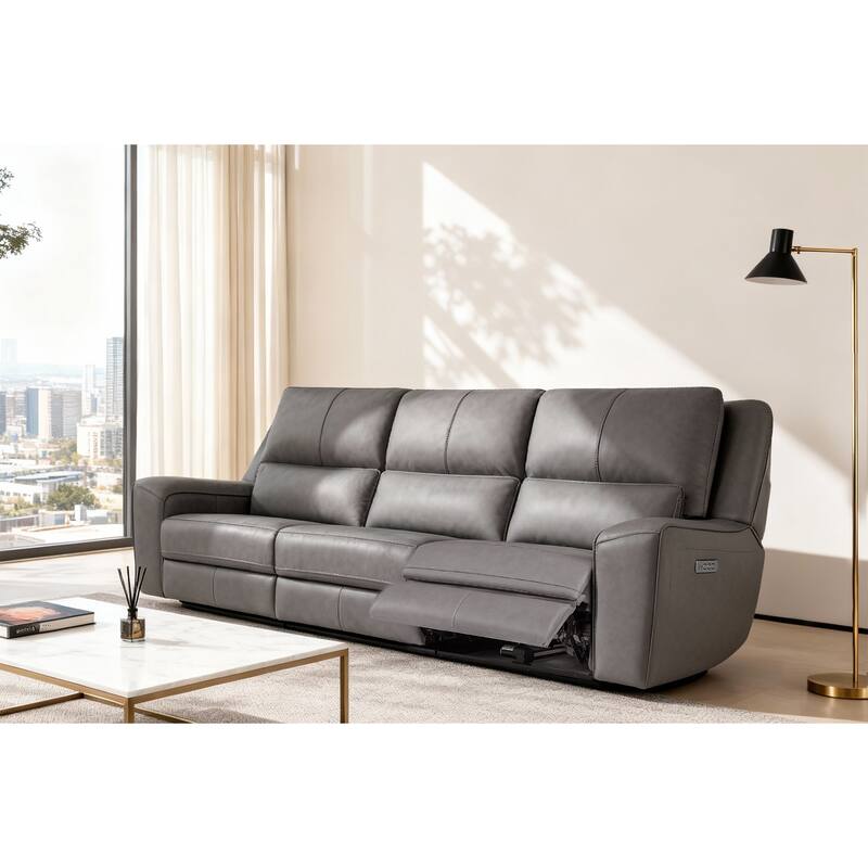 116" W Top Grain Leather Triple-Power Oversized Width Seat Sofa with Ajustable Headrest, USB & USB-C Charging