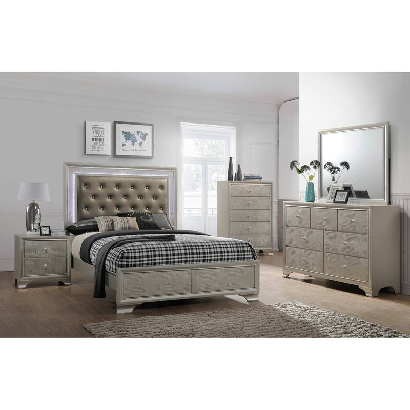 Modern Glam 1pc Champagne Nightstand w/ 2 Drawers & Embossed Crocodile Pattern for Bedroom