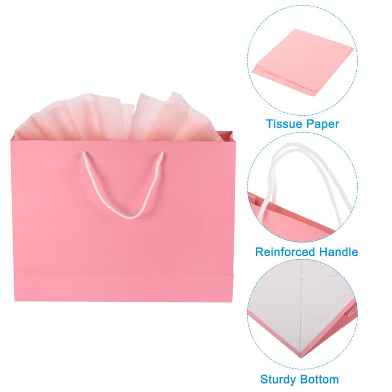 12 Set Favor Gift Bags Goodie Tote with Pink Tissue Paper Pink