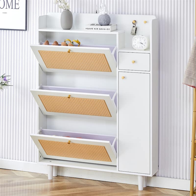 Modern Wood Minimalist Rattan Shoe Cabinet with Legs