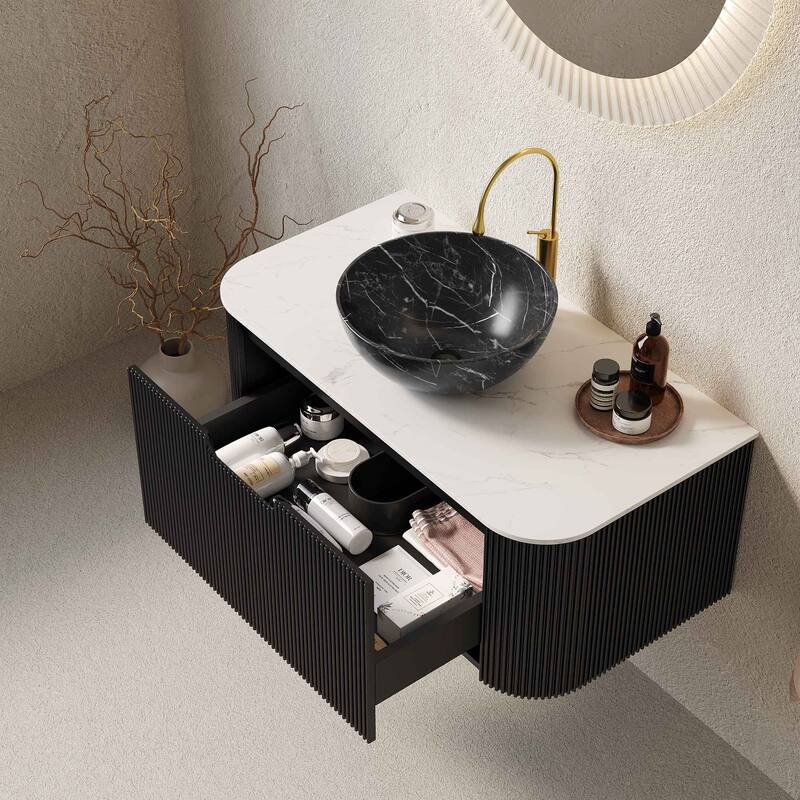 Wall Mounted Striped Bathroom Storage Cabinet with Sink and Drawers
