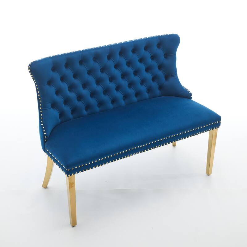 Roomfitters Upholstered Loveseat Bench with Nailhead Trim and Gold Legs, Modern High Back Settee for Dining Room