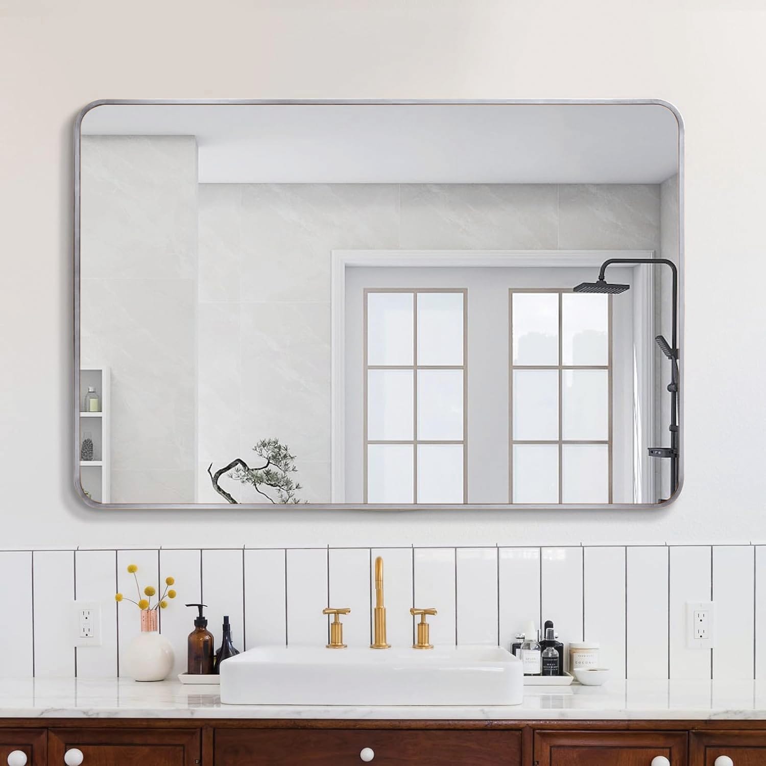30x40 Inch Silver Metal Framed Rectangular Rectangular Bathrrom Mirror For Wall