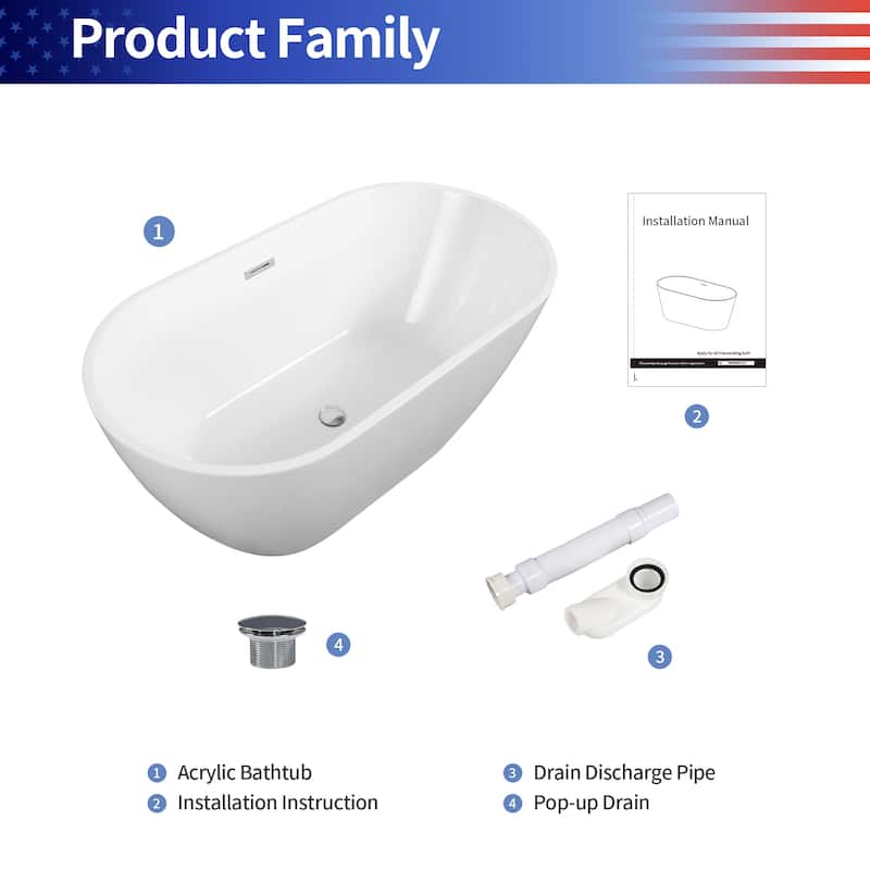 RAINLEX Oval Shaped Acrylic Freestanding Bathtub, Acrylic Glossy White Soaking Tub with Overflow and Pop-up Drain - Large