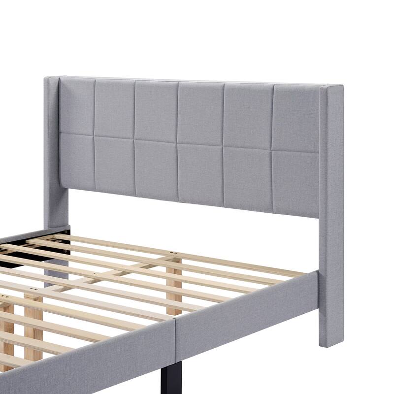 Queen Bed Frame with Wingback/Linen Upholstered Platform Bed with Square Stitched Headboard/Wood Slats Support/Solid Wood Legs
