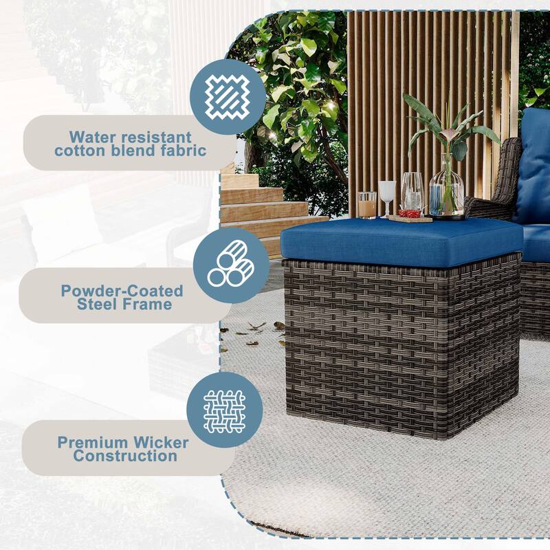 Outdoor Patio PE Wicker Ottoman with Cushion Set of 2