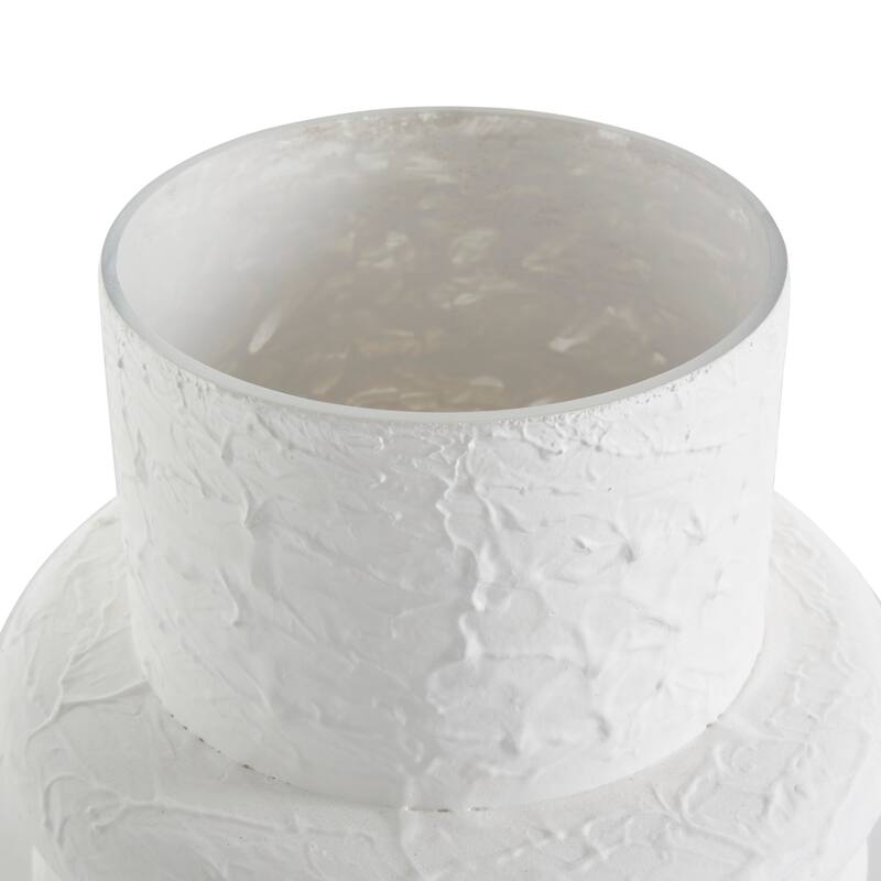 White Glass Textured Decorative Vase with Brown Wood Beaded Stripes (Set of 2)