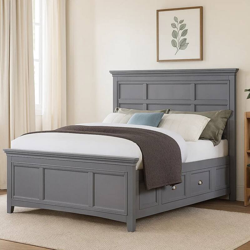 Lile Full Bed with Crown Moulding, Storage Drawers, Gray Solid Wood