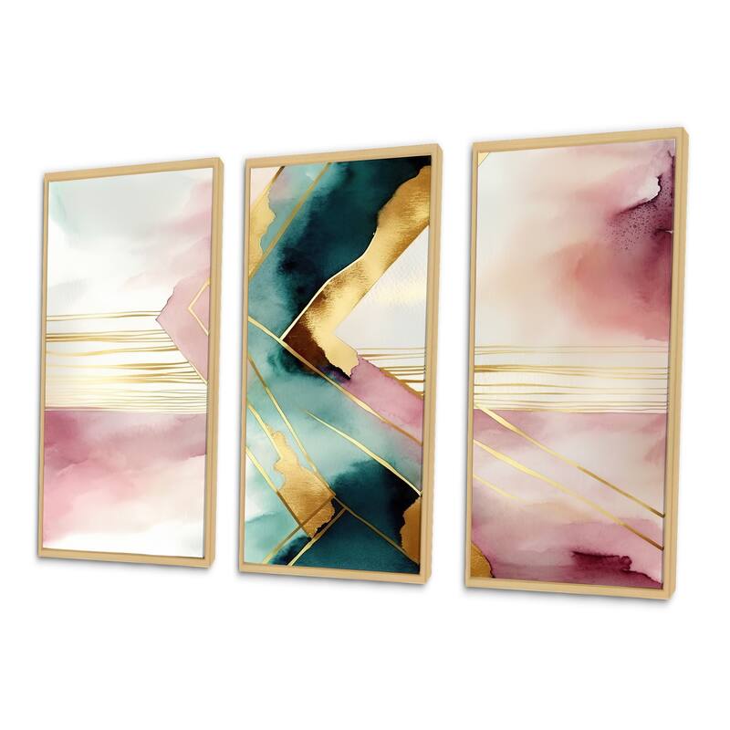Designart "Abstract Geode Geometric Pink And Green III" Modern Geometric Framed Canvas Art Print - 3 Panels