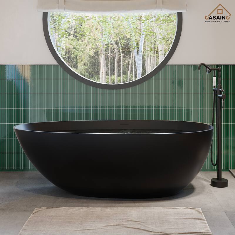 59" Solid Surface Freestanding Bathtub in Matte Black/Grey