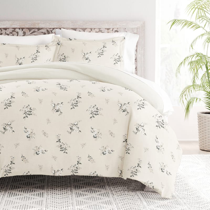 Becky Cameron 3-Piece Reversible Patterned Duvet Cover Set - Delicate Floral Ivory - Queen