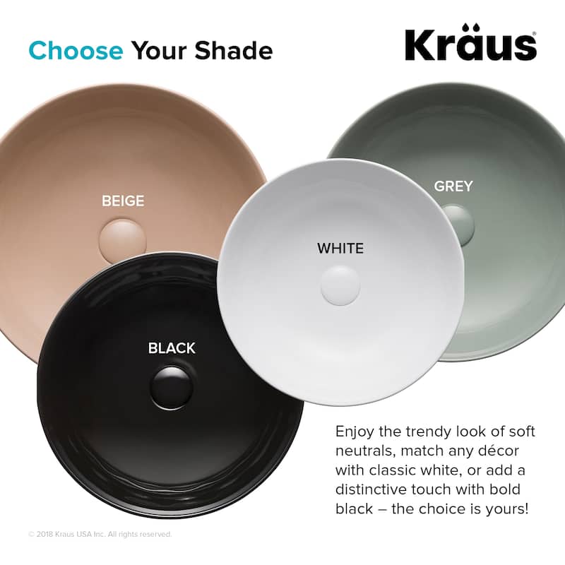 KRAUS Viva 16 1/2 inch Round Porcelain Ceramic Vessel Bathroom Sink