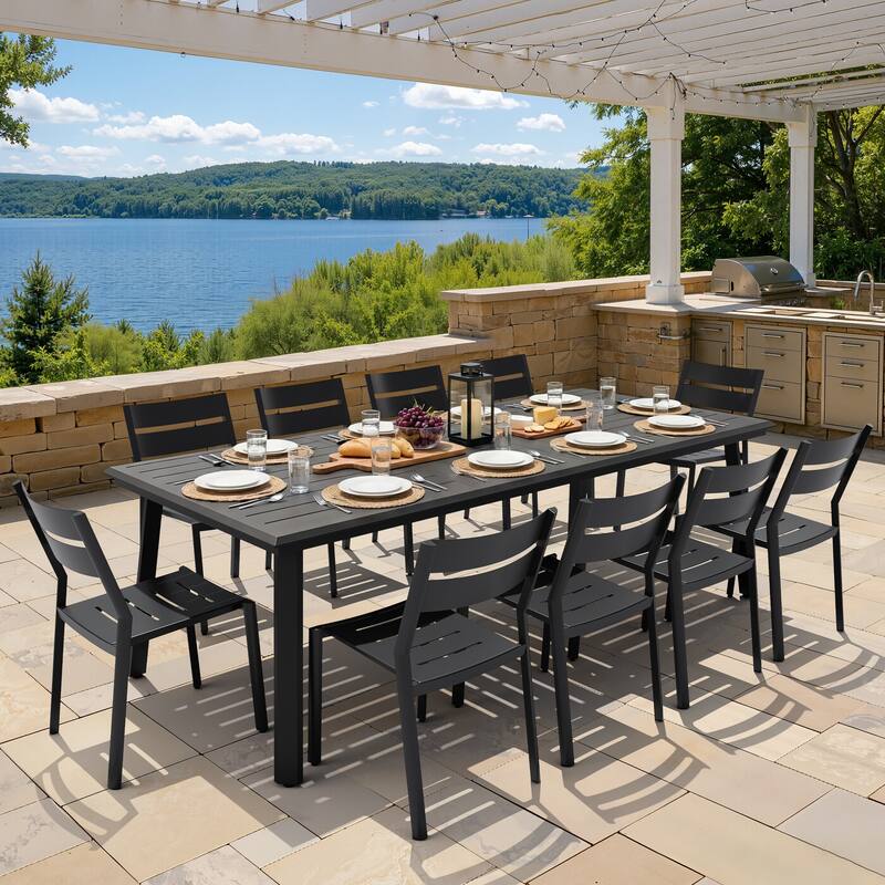 7/9/11/13-Piece Patio Dining Set Outdoor All-Weather Aluminum Dining Table with Umbrella Hole and Stackable Chairs - Set of 11 - with armless chair