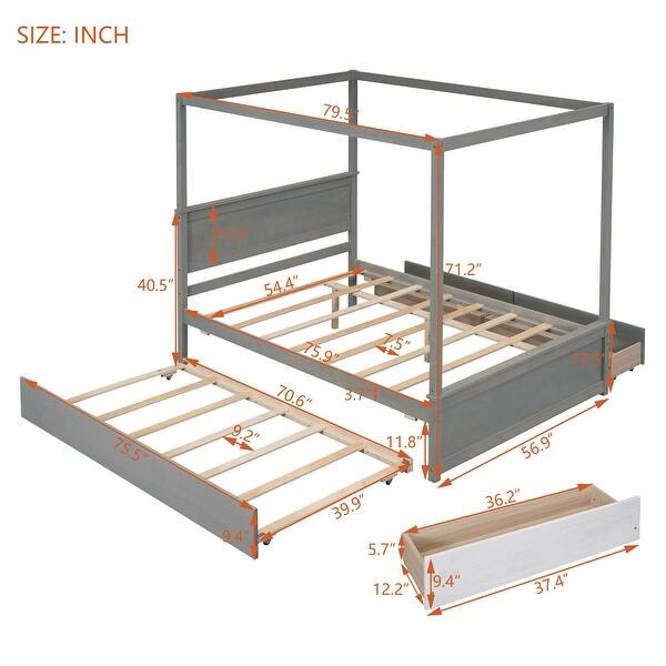 dimension image slide 1 of 3, Wood Full Size Canopy Platform Bed with Trundle Bed and 2 Drawers