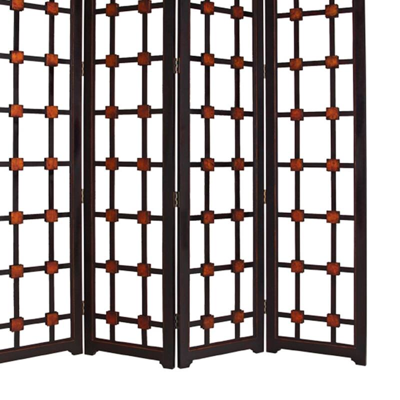 Wooden 4 Panel Screen with Modern Cosmopolitan Design, Black and Red