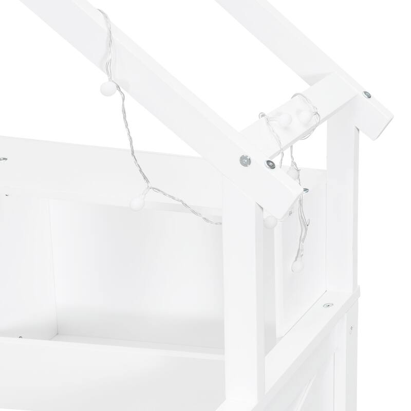 GDFStudio - Wood House Platform Bed with LED, Storage Shelves, Drawers and Guardrail