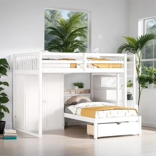 Contemporary Full Over Twin Bunk Bed with Wardrobe and Convenient Footboard Drawers, Versatile Sleeping Arrangements, White
