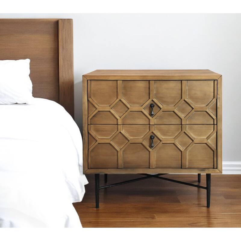 28" Natural Two Drawer Distressed Carved Geometric Solid Wood Nightstand - Natural - 2-drawer