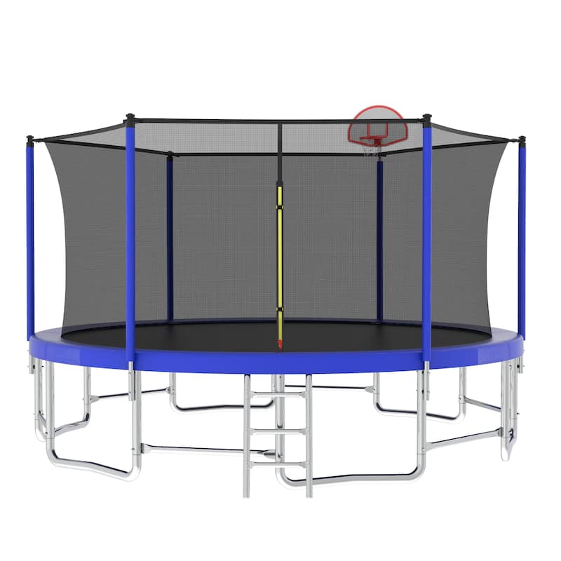 16FT Trampoline with Balance Bar & Basketball Hoop&Ball, ASTM Approved Reinforced Type Outdoor Trampoline - Blue