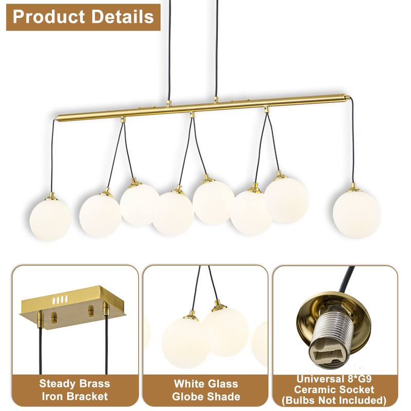 8-Light Gold Linear Kitchen Island Pendant Light Frosted Glass Globes - Dia.39.37-in