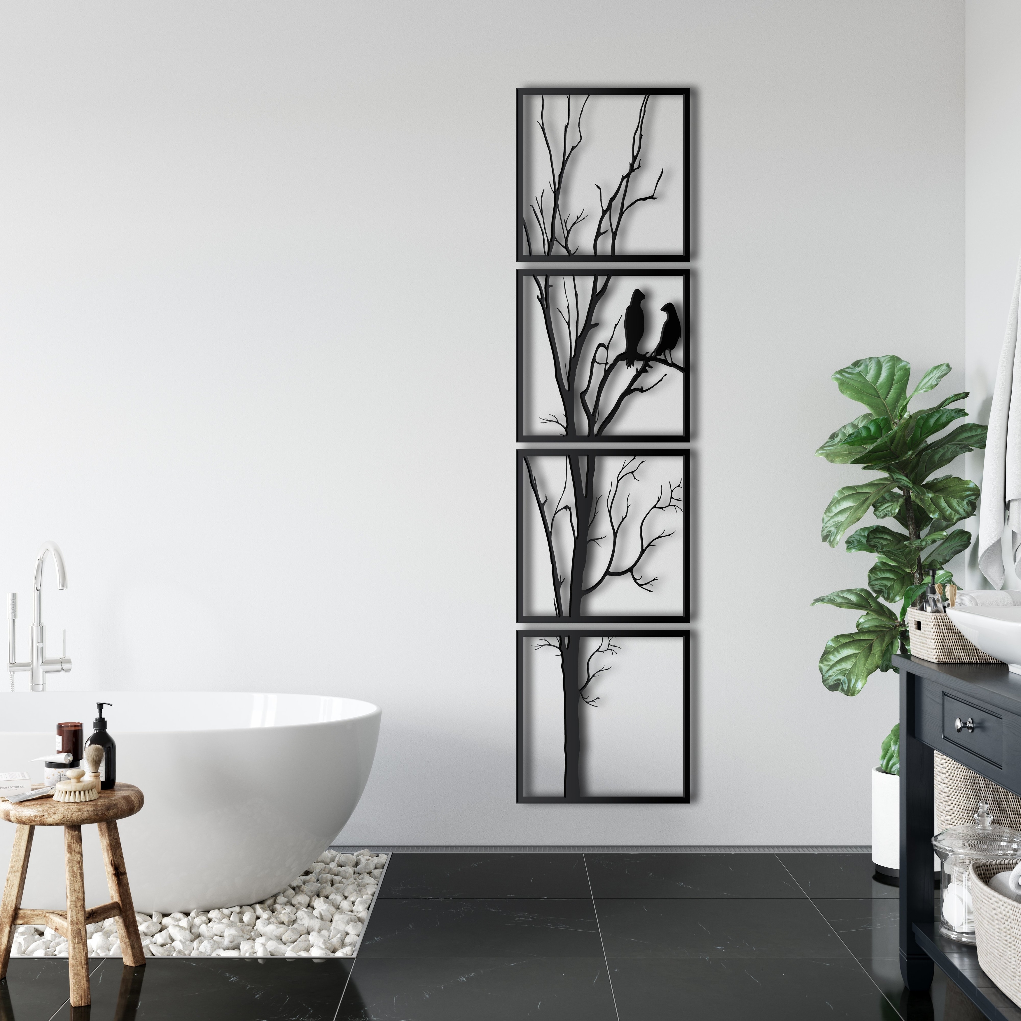 4 PanelsTree and Birds Metal Wall Decor for Home and Outside - Wall-Mounted Geometric Wall Art Decor