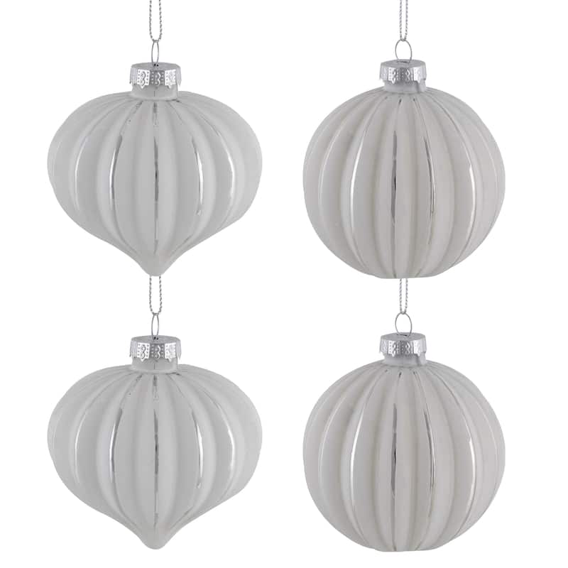 Striped Ball and Onion Glass Christmas Ornaments - 3" (80mm) - White and Silver - 4ct