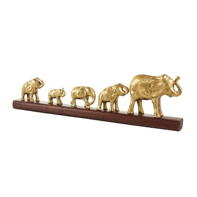 Aluminum Metal Elephant Decorative Sculpture with Brown Wooden Base - Gold - Roche River Decor