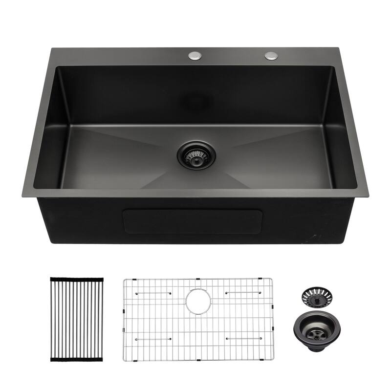 Drop-in 16 Gauge Single Bowl Stainless Steel Kitchen Sink in Gunmetal Black