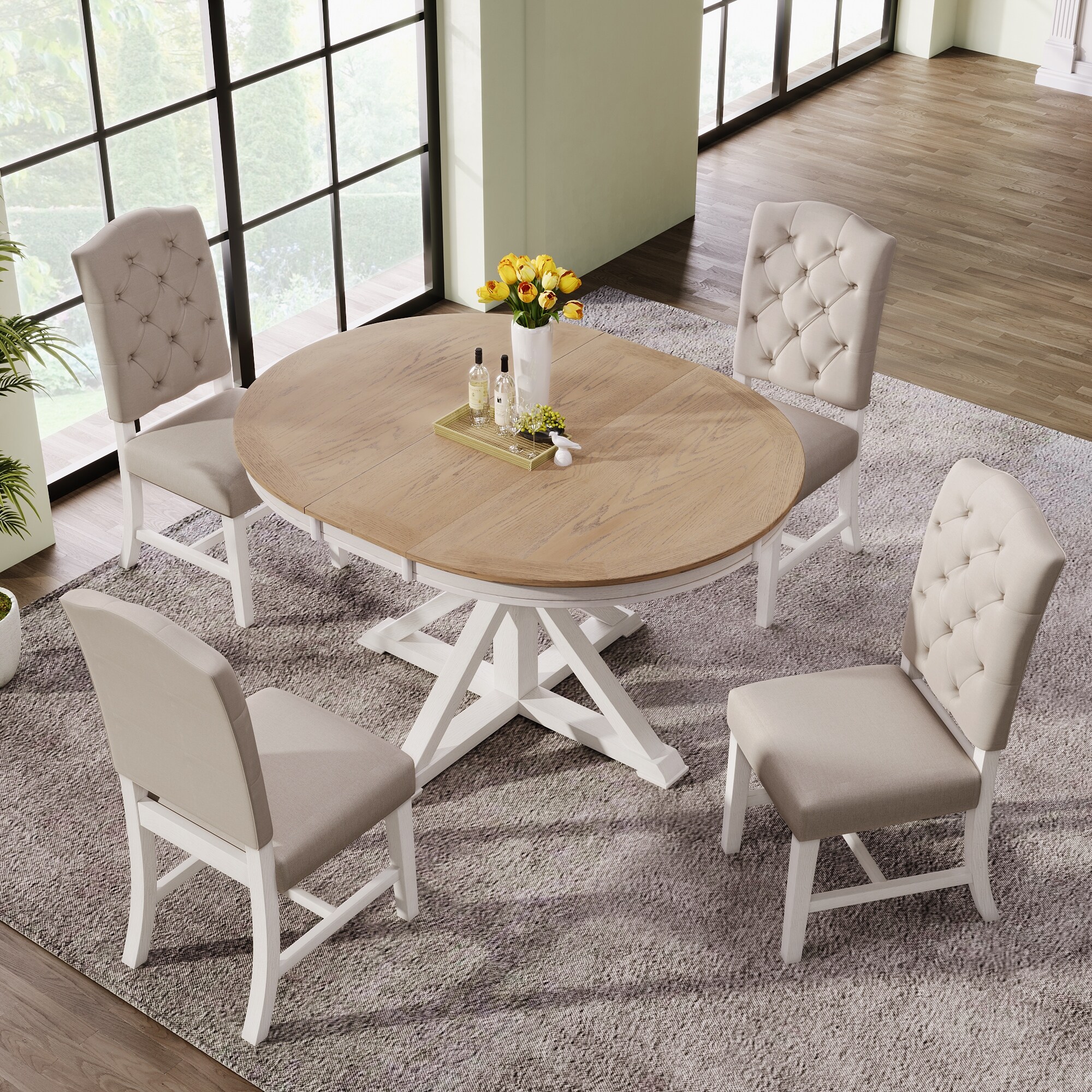 Round dining table set with leaf extension clearance